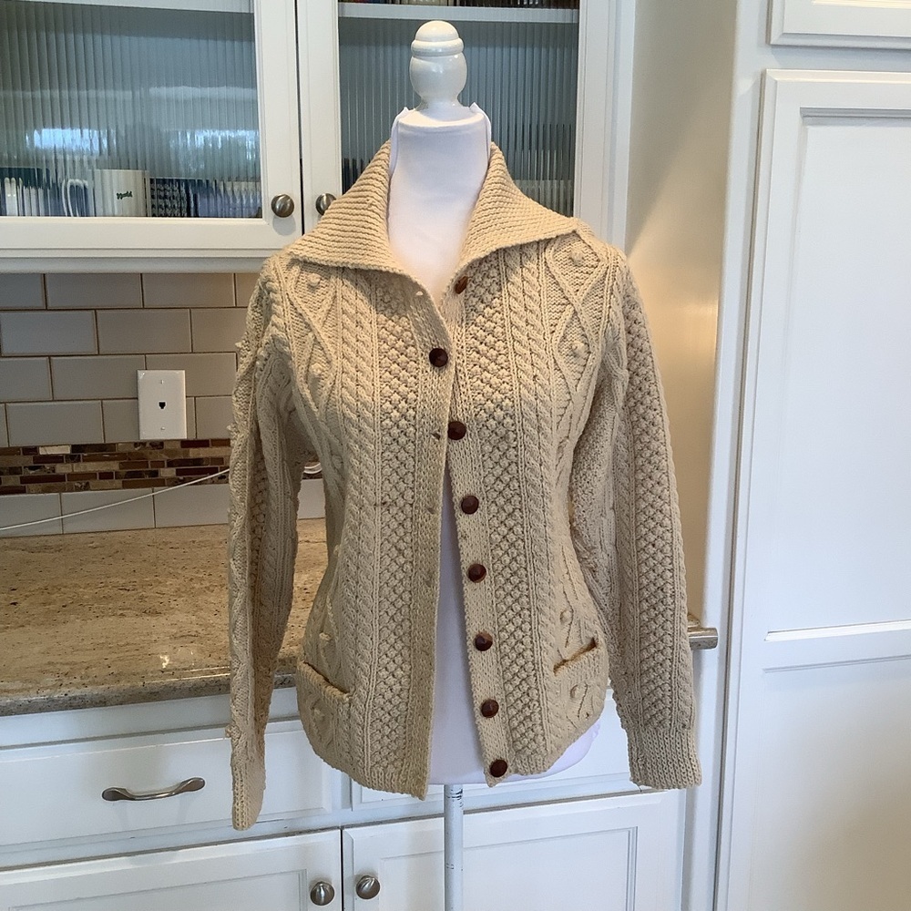 Vintage Irish Cable Knit Button-Up Sweater Wool Cardigan - Barnas Mor